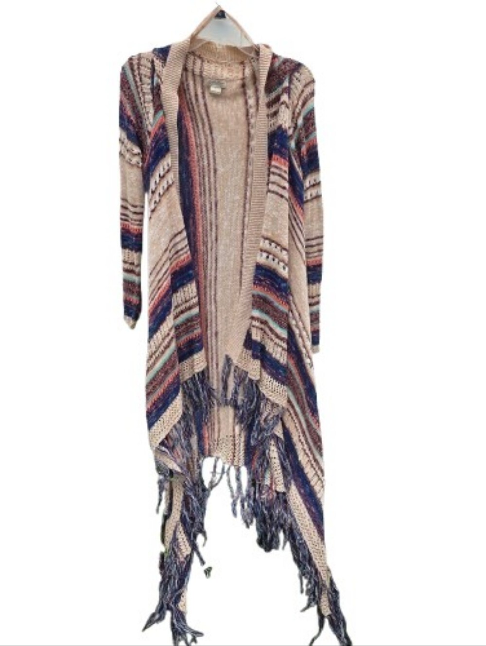 Lucky Brand Open Front Fringe Cardigan Sweater Size L Boho Duster Earth Tones